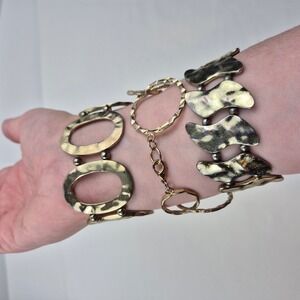 Vtg Bracelet‎ Lot 3pc Mixed Metal Hammered Link Squiggle Circle Oval Stack Sz 7